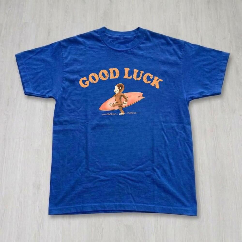 Blue Surfing Curious George Monkey Graphic Tee